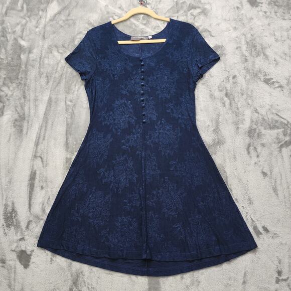 Vintage Maurices Dress Women L Blue Floral Short Sleeve Faux Button Front Skater - Picture 1 of 9